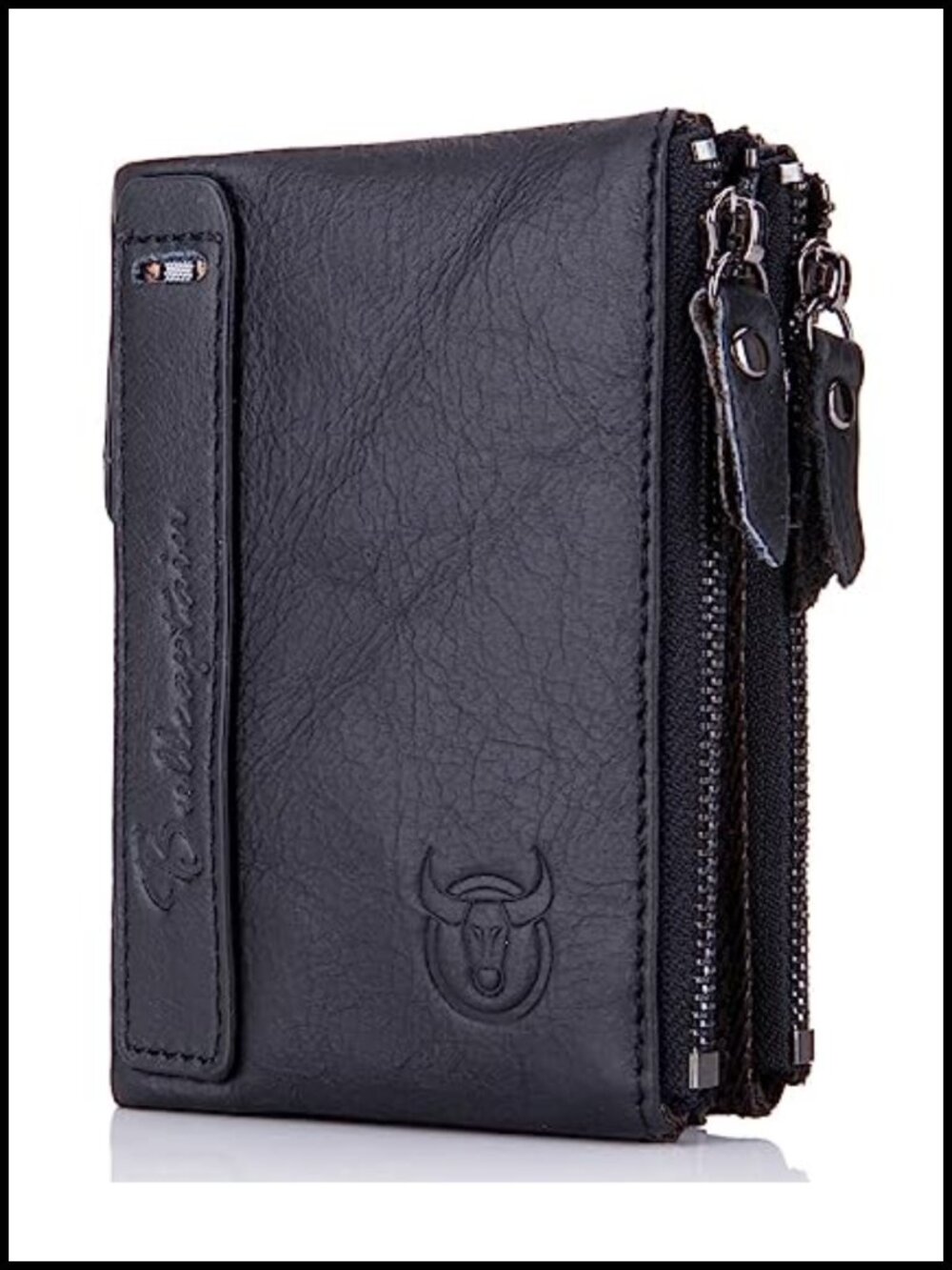 Genuine Leather Bifold Wallet with Double Zipper Pockets